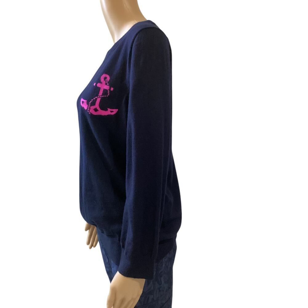 J.Crew Women's Navy Blue 100% Merino Wool Crewneck Sweater Pink Anchor Logo XL - Picture 2 of 8